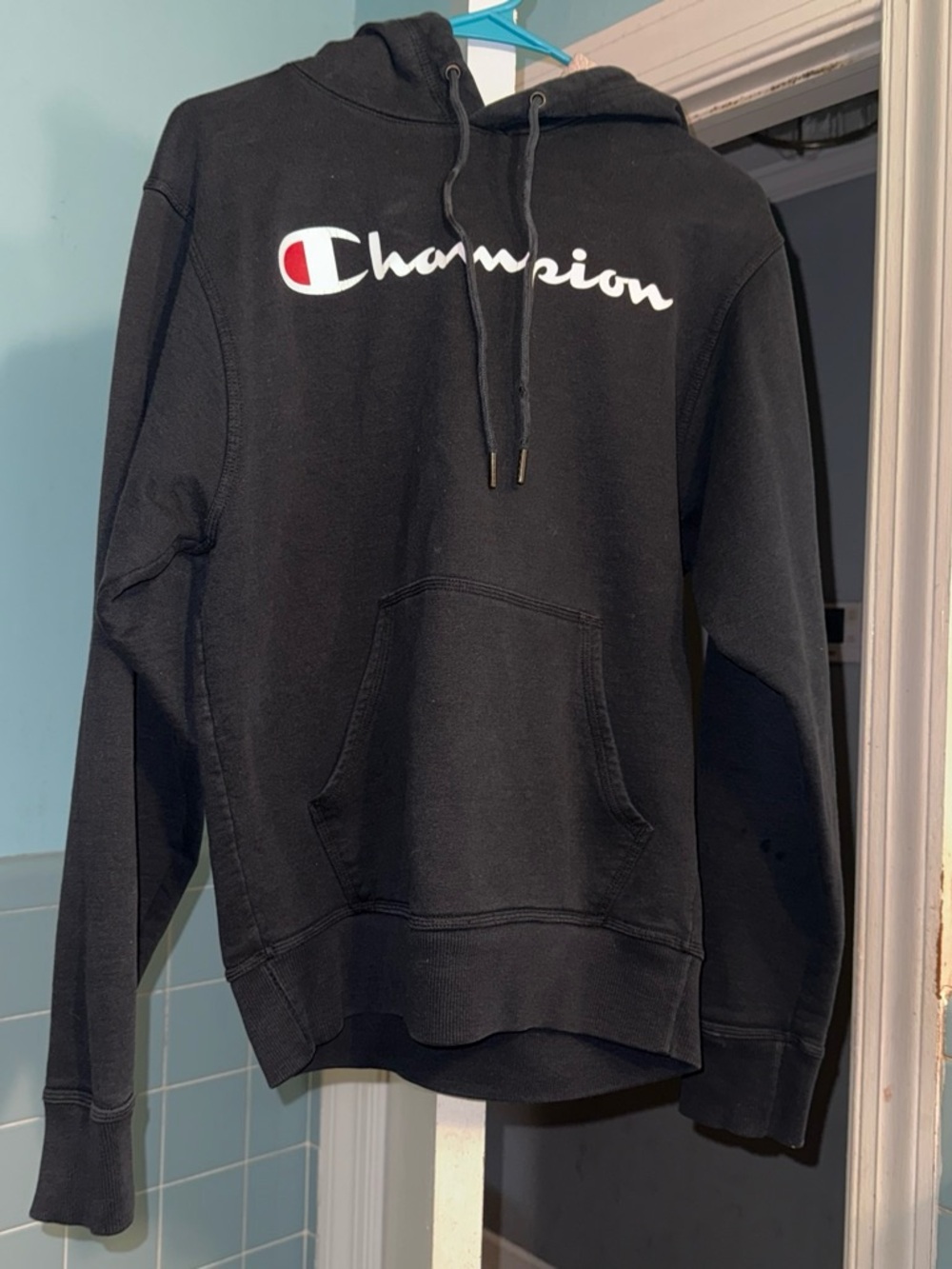 Champion Black Hoodie with White & Red Script Logo